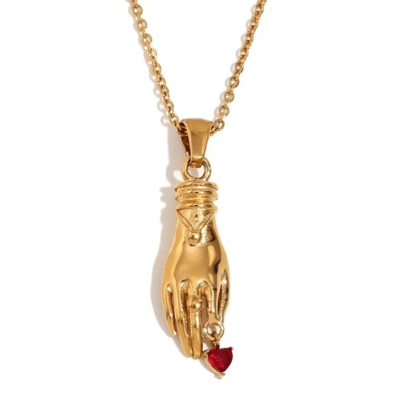 Vintage Style Necklace Hand Pendant Red Heart Rhinestone 18K Gold Plated - Picture 1 of 6